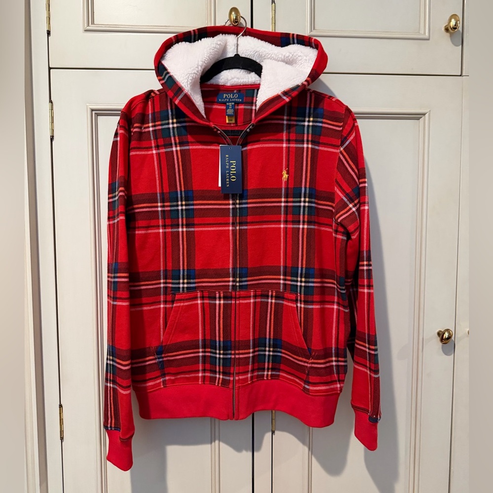 Polo Ralph Lauren  Red Plaid Fleece Zip Up Hoodie. NWT Size XL  18-20. Brand New